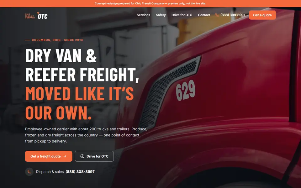 Ohio Transit Company homepage on a desktop screen